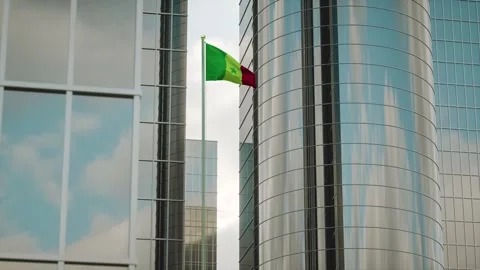 Senegal Flag 3D Render Animation on Pole with City Buildings Video stock 332310818