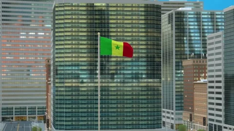 Senegal Flag 3D Render Animation on Pole with Modern Business District Build Video stock 332878511