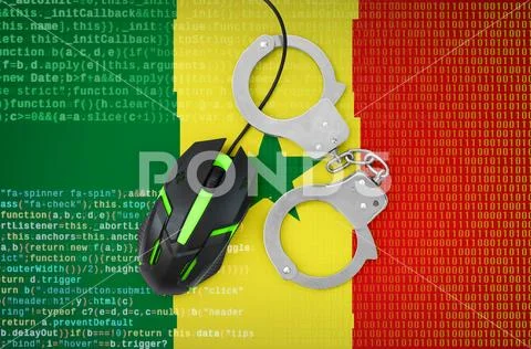 Senegal flag and handcuffed computer mouse. Combating computer crime, hacker Stock Photos
