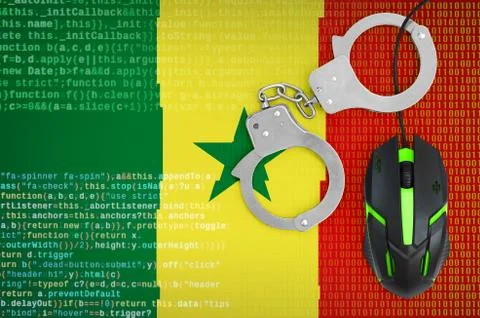 Senegal flag  and handcuffed computer mouse. Combating computer crime, hacker Stock-Fotos