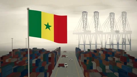 Senegal Flag Flying Over A Container Port Terminal In Morning Haze Video stock 344470281
