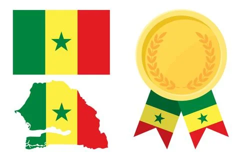 Senegal flag with map and gold medal in set for web and banners or app and .. Stock Illustration