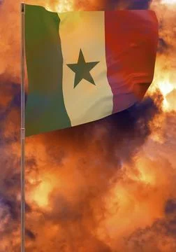 Senegal flag on pole with sky background Stock Illustration
