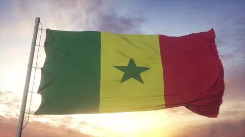 Senegal flag waving in the wind, sky and sun background. 3d rendering Stock Illustration
