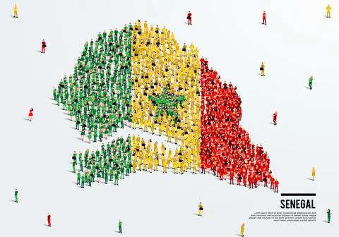 Senegal Map and Flag. A large group of people in the Senegal flag color Stock Illustration