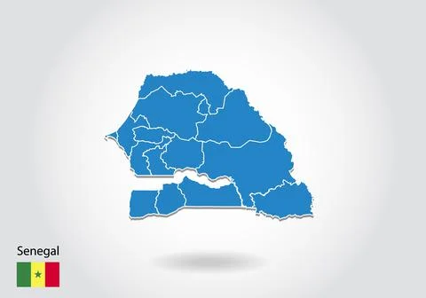 Senegal map design with 3D style. Blue senegal map and National flag. Simple  Stock Illustration