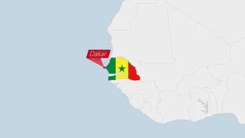 Senegal map highlighted in Senegal flag colors and pin of country capital D.. Stock-Illustration