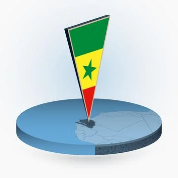 Senegal map in round isometric style with triangular 3D flag of Senegal Stock Illustration