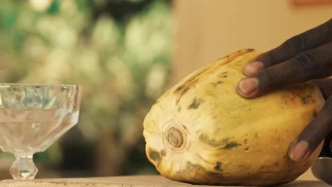 Senegalese Bartender Craft: Macro Close-up of African Hands Slicing Fresh Papaya Stock Footage 309913842