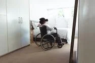 Senior African American Woman On Wheelchair Using Vr At Home During Quarantine Stock Photos