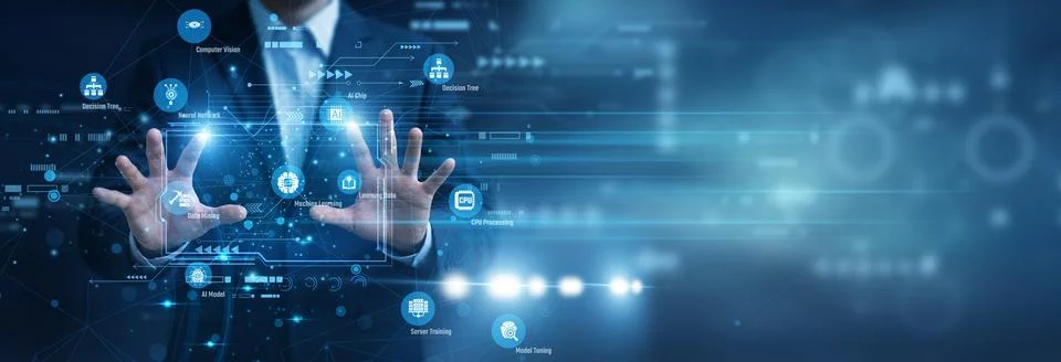 Senior AI researcher programming advanced neural networks. Using Hands to d.. Photos