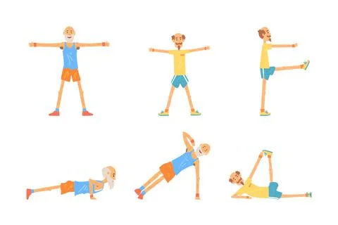 Senior and Mature Man Doing Physical Exercises Stretching Body and Strengthen Stock Illustration