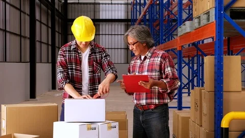 Senior and young worker checking product come into the warehouse. Stock Footage 125724420