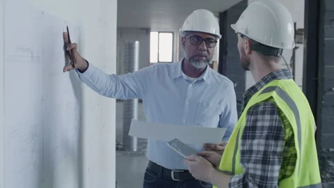 Senior Architect Explaining Technical Drawings to Contractor on Site Vídeo Stock 332249369