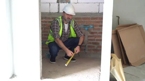 Senior architect or civil engineer using tape measure measuring to inspecti.. Stock Footage 262155097