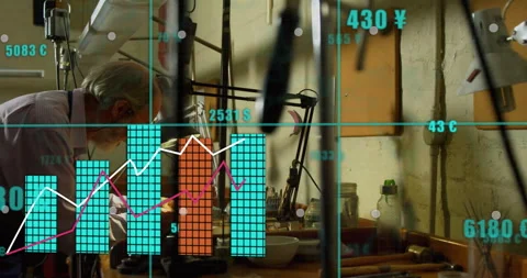 Senior artisan adjusting component under lamp, fueling tech data overlays rising Vídeos de archivo 312416612