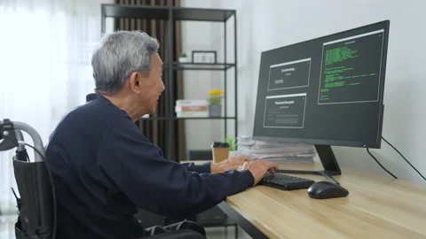 Senior asian man coding and programming on screen desktop. Stock Footage 220325356
