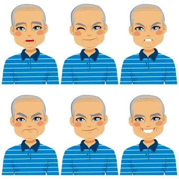 Senior Bald Man Face Expressions 库存插图