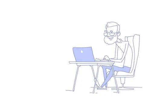 Senior bearded man using laptop businessman sitting office workplace working イラスト素材