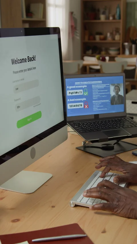 Senior Black Man Learning Cybersecurity with Online Tutorial on Computer Stock Footage 347660939