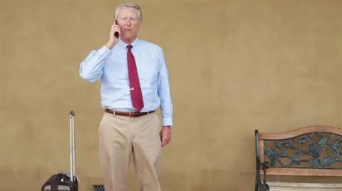 Senior Business Man Talks on Cell Phone near Station Stock Footage 32245280