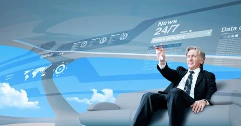 Senior businessman navigating news interface in future Stock Illustration