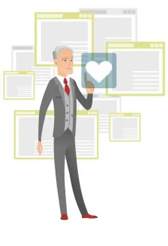 Senior businessman pressing web button with heart. Stock Illustration
