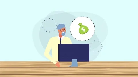 Senior businessman working on desktop computer with financial growth icons .. Stock Footage 334091179