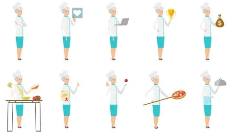 Senior caucasian chef vector illustrations set. Stock Illustration
