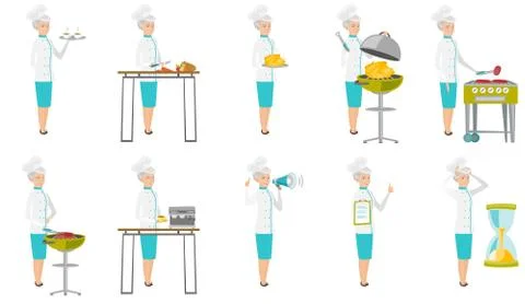 Senior caucasian chef vector illustrations set. Stock Illustration