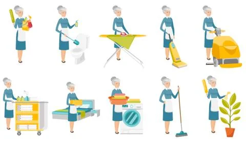 Senior caucasian cleaner vector illustrations set. Stock Illustration