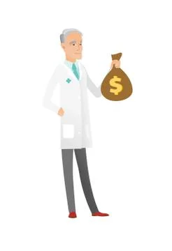 Senior caucasian doctor holding a money bag. Stock Illustration