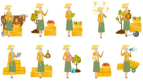 Senior caucasian farmer vector illustrations set. Ilustración de archivo