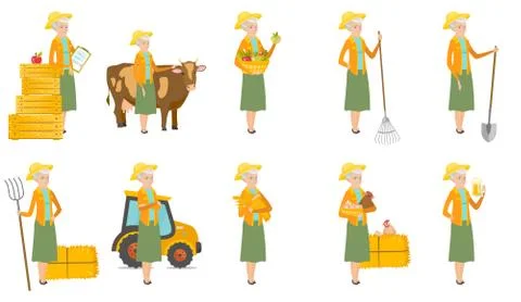 Senior caucasian farmer vector illustrations set. Stock Illustration