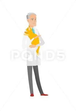 Senior caucasian veterinarian with cat in hands. Stock Illustration