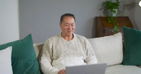 Senior Chinese man starting by checking laptop, sitting on sofa, typing, Stock Footage 337745312