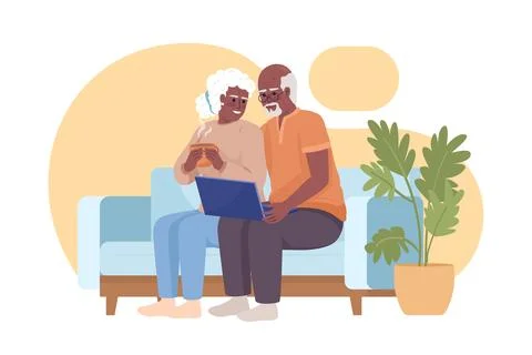 Senior citizens learning how to use laptop 2D vector isolated illustration Illustrazione stock
