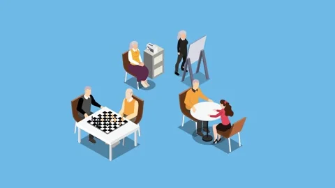 Senior Community Engagement Activities - Chess, Art, and Intergenerational .. Stock Footage 302528131