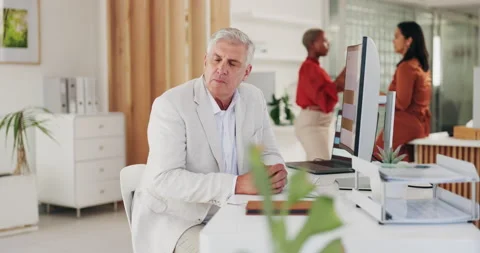 Senior, computer or CEO thinking of idea, problem solving or solution while Video stock 227524364