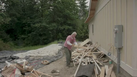 Senior construction worker throwing scrap wood onto a pile Stock Footage 331658329