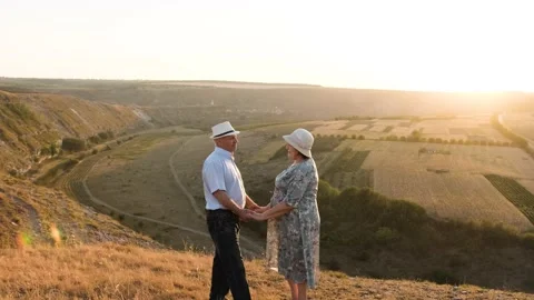 Senior couple admire the sunset while holding hands and kissing each other. Stock Footage 138869411
