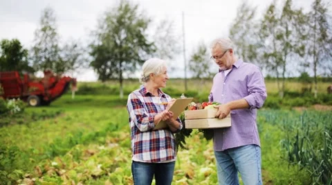 Senior couple with box of vegetables on farm Stock Footage