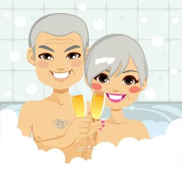 Senior Couple Bubble Bath Stock Illustration