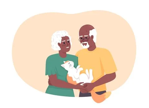 Senior couple with cat 2D vector isolated illustration Ilustração Stock