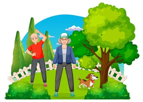 Senior couple doing exercise at park Ilustração Stock