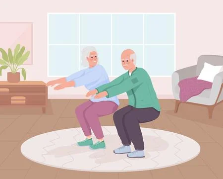 Senior couple doing sit ups at home flat color vector illustration Stock Illustration