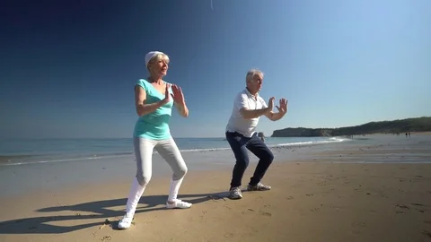 Senior couple doing stretching exercices on the beach Stock Footage 75214949