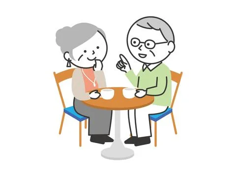 Senior couple drinking tea at a cafe. Stock Illustration