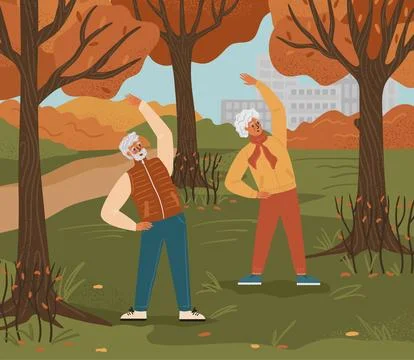 Senior couple exercise in a park. Healthy retirement life concept vector Ilustração Stock