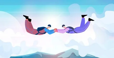 Senior couple flying down during skydiving jump aged skydivers floating in air Stock Illustration